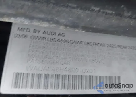 2006 Audi A4 1.8T from USA, damaged, VIN WAUAC48H46K010201